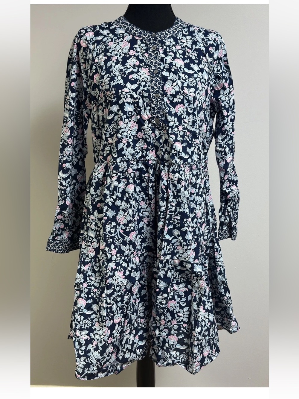 J. Crew Factory Blue Floral Mixed Print Tiered Long Sleeve Knee Length Dress M